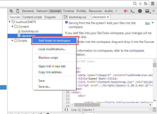 Add folders(s) with your source code to the browser's workspace
